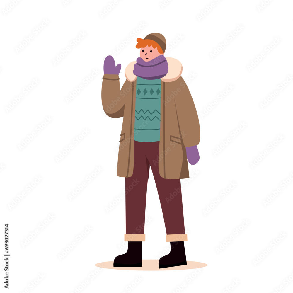 Vector illustration of a boy in a warm coat and mittens with a scarf on a white background.