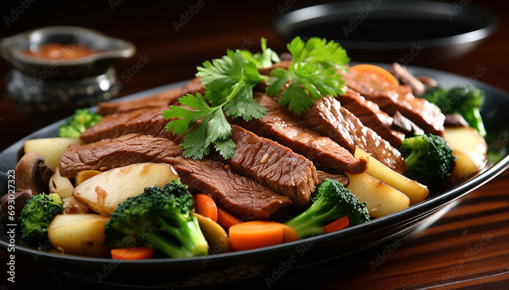 Grilled beef steak with fresh broccoli and carrot generated by AI Grilled beef steak with fresh broccoli and carrot generated by AI
