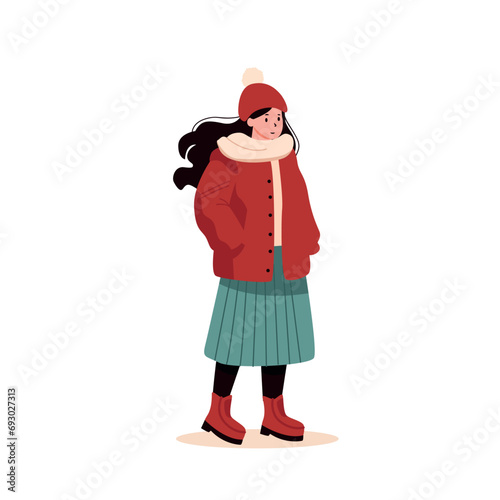 Fashionable girl in winter clothes. Vector illustration in cartoon style