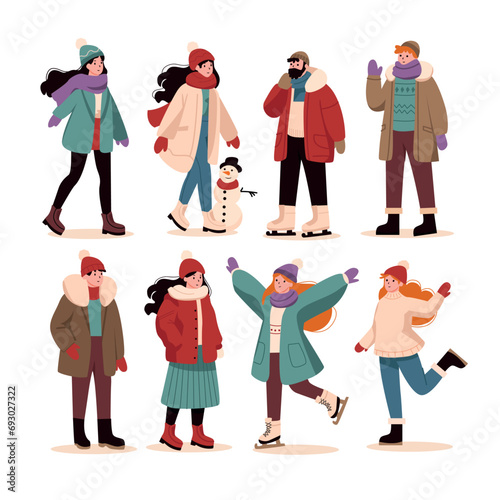 Set of people in winter clothes. Vector illustration in cartoon style.