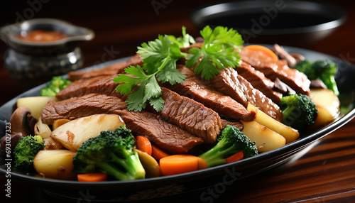 Grilled beef steak with fresh broccoli and carrot generated by AI