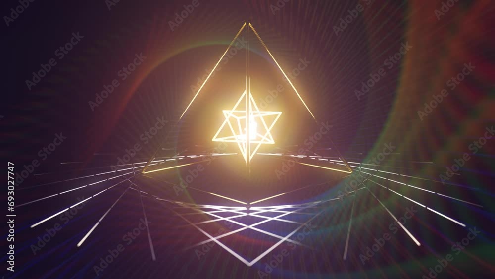 3D illustration of a meditating yogi inside a pyramid and astral projection of sacred energy