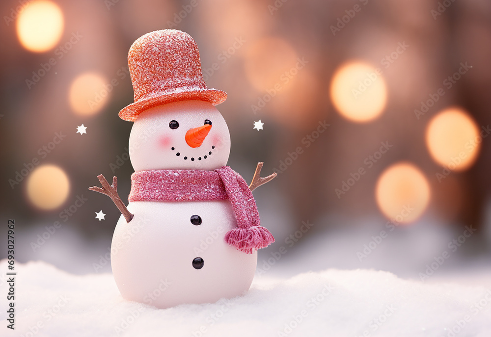 Panoramic view of happy snowman in winter scenery at dusk with copy space Panoramic view of happy snowman in winter scenery at dusk with copy space