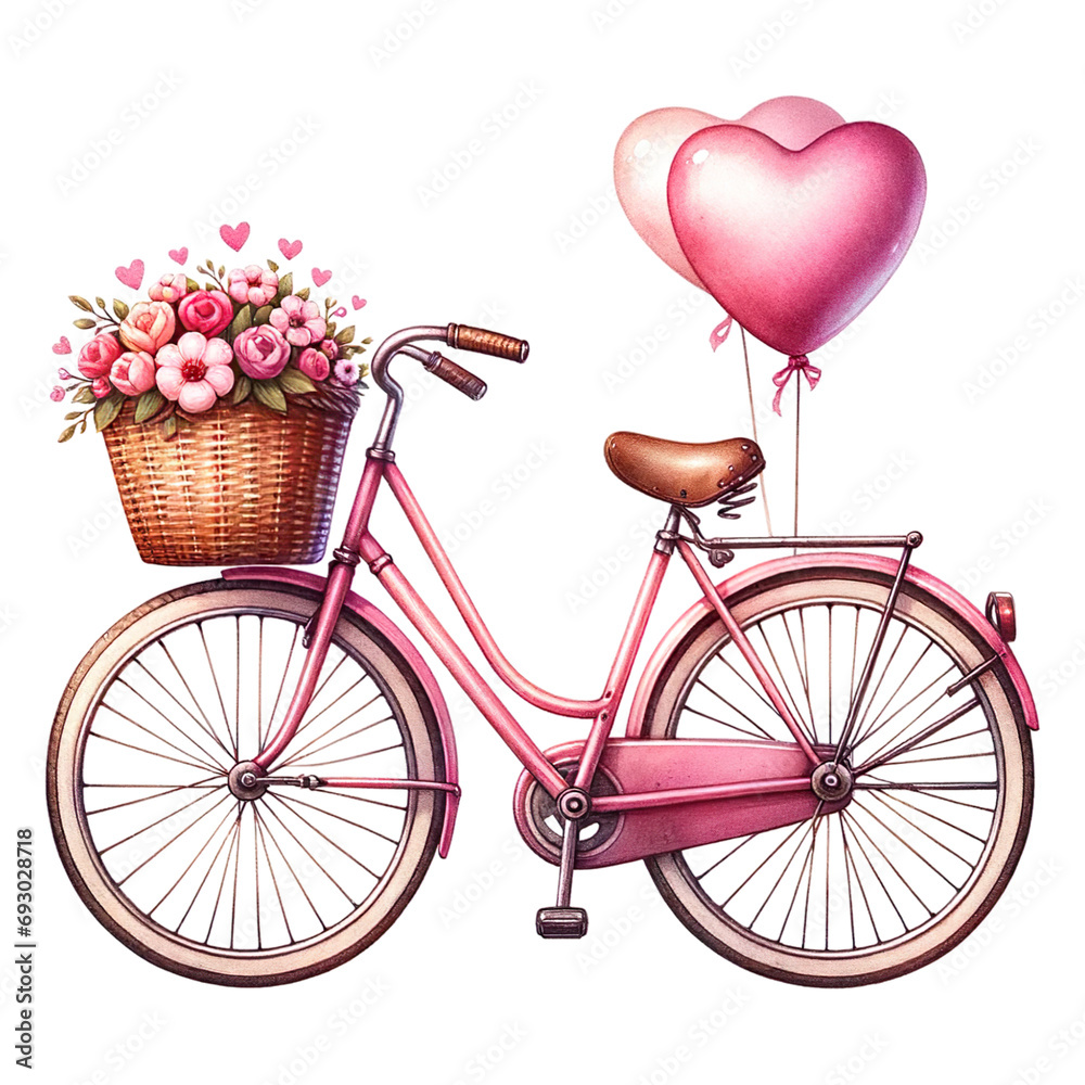 Pink Retro Bicycle Valentine, Watercolor Valentine' s day Clipart, Bicycle with Balloons, Heart balloons, love clipart, heart clipart PNG