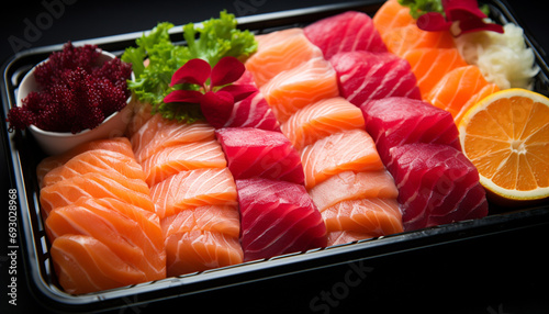 Freshness and variety on a plate of sushi generated by AI