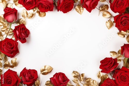 Gold decorative frame with red roses and empty space, romantic text frame, for Valentine's Day