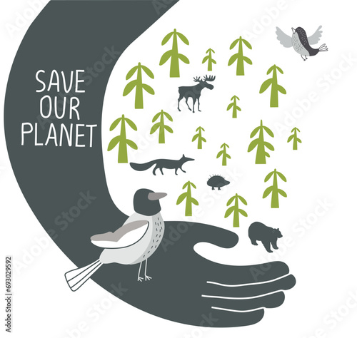 Vector illustration of Environmentally friendly planet. Cartoon sketch of big hand carefully protects nature and forest animals: bear, elk, fox, hedgehog, birds on the branches. Save our planet 