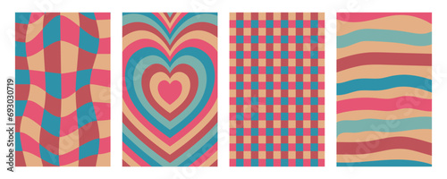 Groovy wave psychedelic checkerboard background, heart tunnel, funky hippie texture for banner, card design background