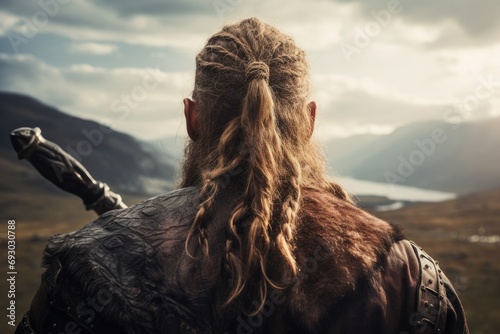 A Viking warrior stands in quiet contemplation amidst a winter landscape, evoking the spirit of ancient explorers and the stark beauty of the natural world