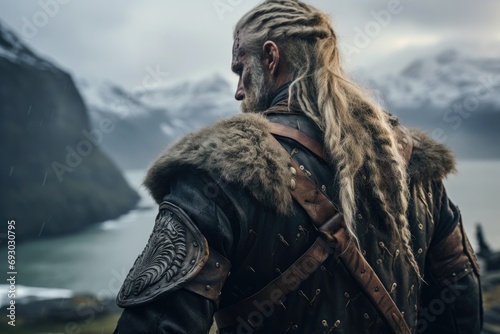A Viking warrior stands in quiet contemplation amidst a winter landscape, evoking the spirit of ancient explorers and the stark beauty of the natural world