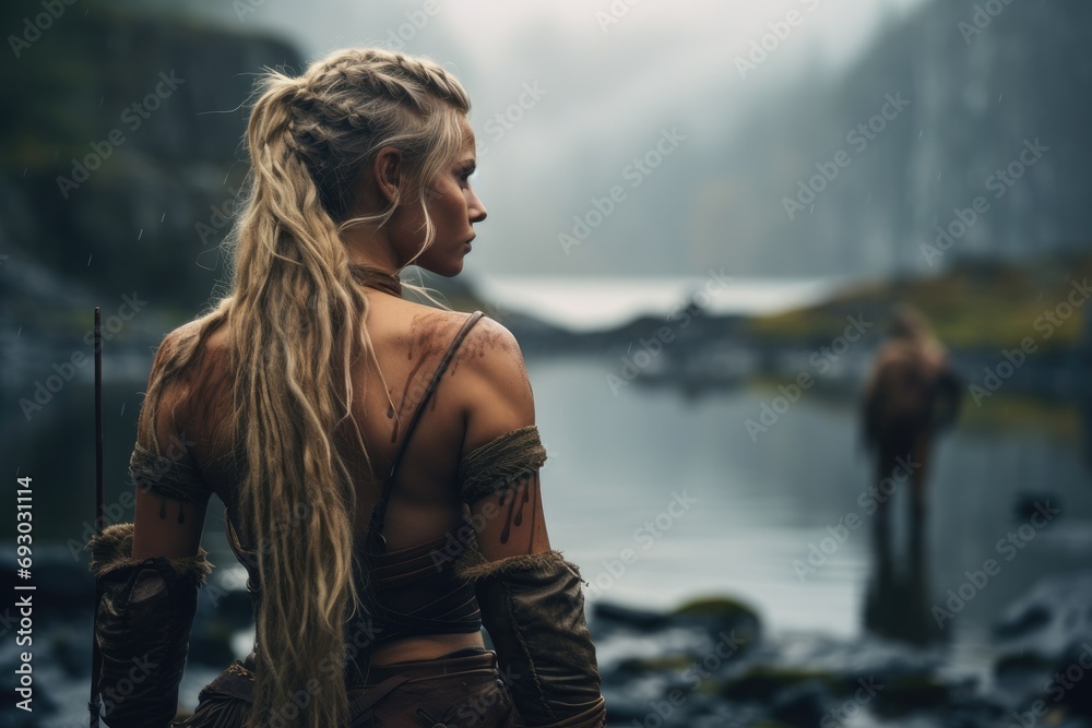 A Viking stands poised and resolute on the battlefield, her intricate braids and battle-worn armor embodying the fierce spirit of the legendary female warriors of Norse mythology - obrazy, fototapety, plakaty 