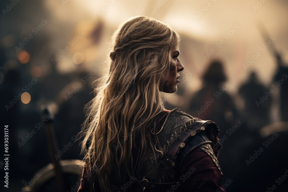A Viking stands poised and resolute on the battlefield, her intricate braids and battleworn