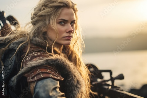 A Viking stands poised and resolute on the battlefield, her intricate braids and battle-worn armor embodying the fierce spirit of the legendary female warriors of Norse mythology photo