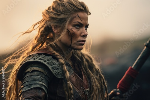 A Viking stands poised and resolute on the battlefield, her intricate braids and battle-worn armor embodying the fierce spirit of the legendary female warriors of Norse mythology © ChaoticMind