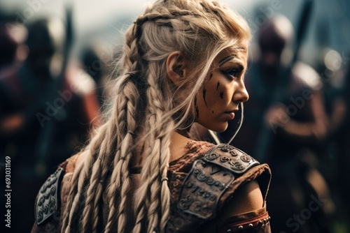 A Viking stands poised and resolute on the battlefield, her intricate braids and battle-worn armor embodying the fierce spirit of the legendary female warriors of Norse mythology photo