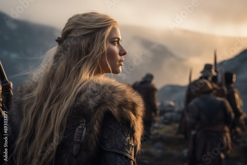 A Viking stands poised and resolute on the battlefield, her intricate braids and battle-worn armor embodying the fierce spirit of the legendary female warriors of Norse mythology photo