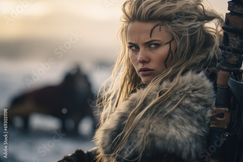 A Viking stands poised and resolute on the battlefield, her intricate braids and battle-worn armor embodying the fierce spirit of the legendary female warriors of Norse mythology photo