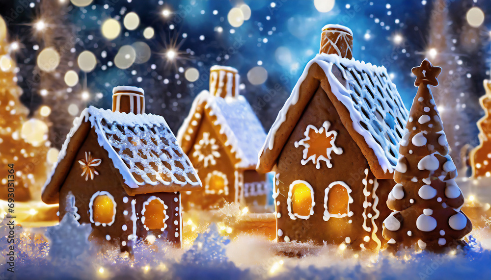 Gingerbread houses snowed in in a blue and white winter landscape