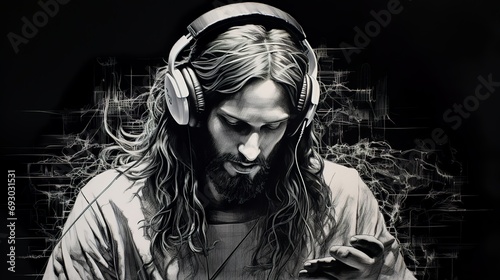 jesus_wearing_headphones_drawn_with_white_ink_on black paper