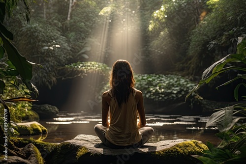 Tranquil scene of a person practicing yoga in a lush forest clearing, holistic well-being and connection to nature