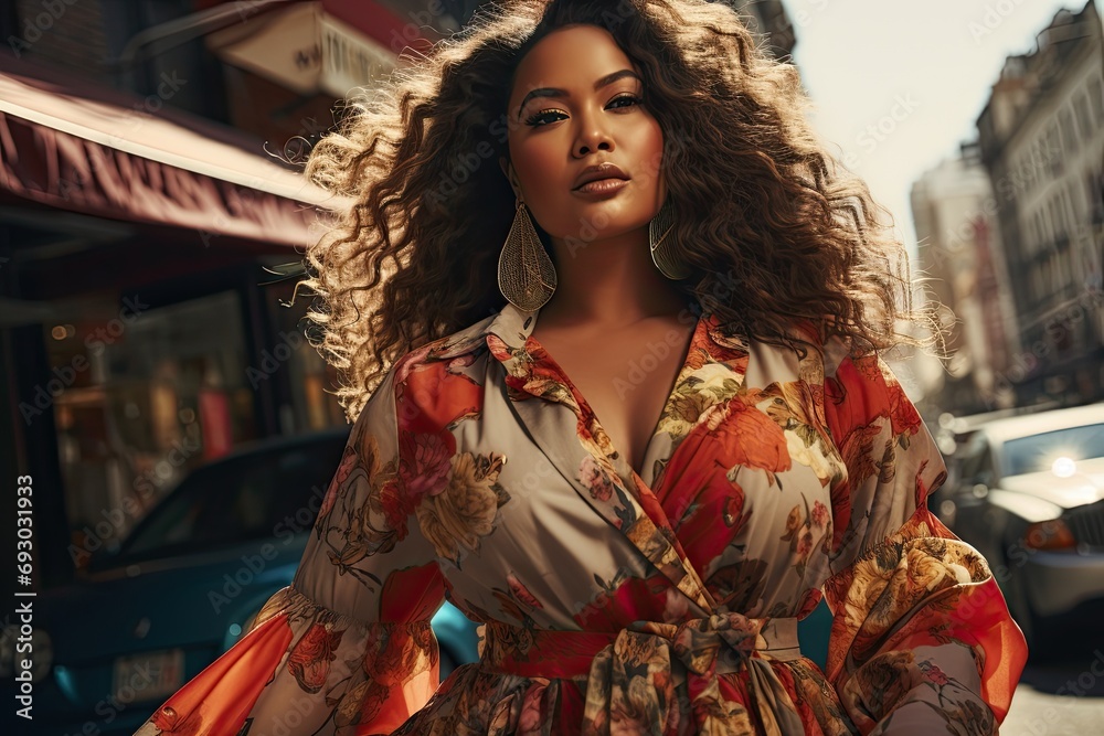 Urban fashion scene: Stylish plus-size model strides confidently down a city street in colorful clothing, challenging traditional beauty standards
