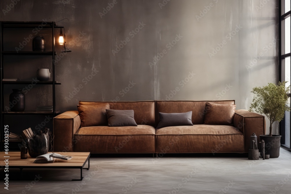 Fototapeta premium This is a modern living room with an industrial aesthetic. The luxurious brown leather sofa and stylish coffee table are complemented by elegant decor and ambient lighting.