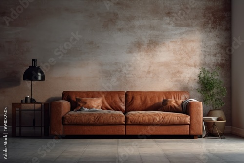 This is a modern living room with an industrial aesthetic. The luxurious brown leather sofa and stylish coffee table are complemented by elegant decor and ambient lighting.