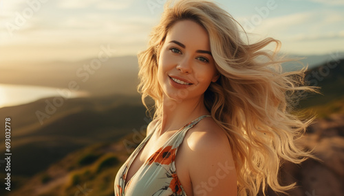 Smiling young woman enjoying nature beauty outdoors generated by AI