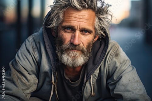 Close up portrait of homeless man