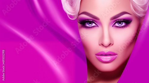 Glamorous Female Portrait with Bold Makeup on Vivid Purple Background