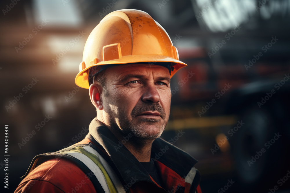Portrait Of Focused Construction Worker in Industrial Setting Portrait Of Focused Construction Worker in Industrial Setting