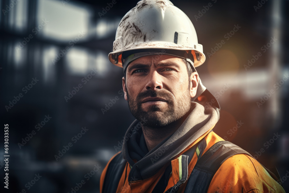 Portrait Of Focused Construction Worker in Industrial Setting Portrait Of Focused Construction Worker in Industrial Setting