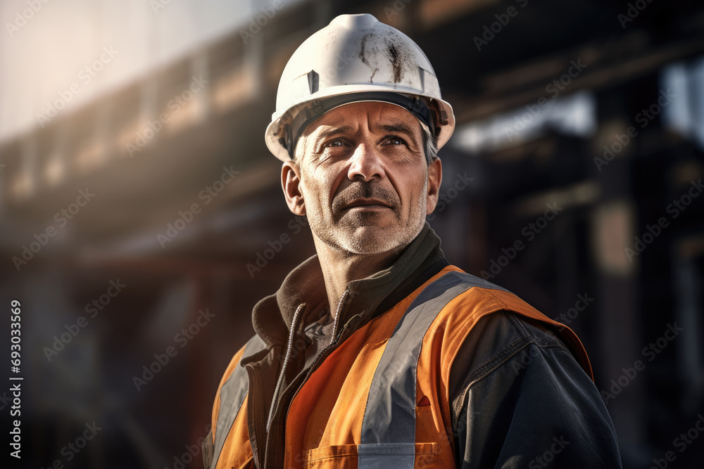 Portrait Of Focused Construction Worker in Industrial Setting Portrait Of Focused Construction Worker in Industrial Setting