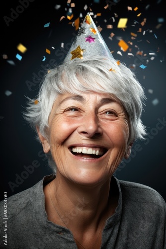 Celebration Sparkle: Portrait Of A Senior Woman Person in Festive Hat