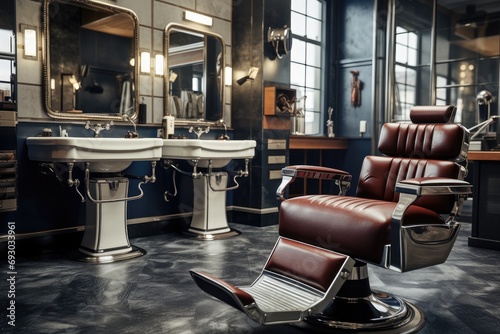 Vintage Elegance: Sunlit Barber Shop with Classic Red Leather Chair © ChaoticMind