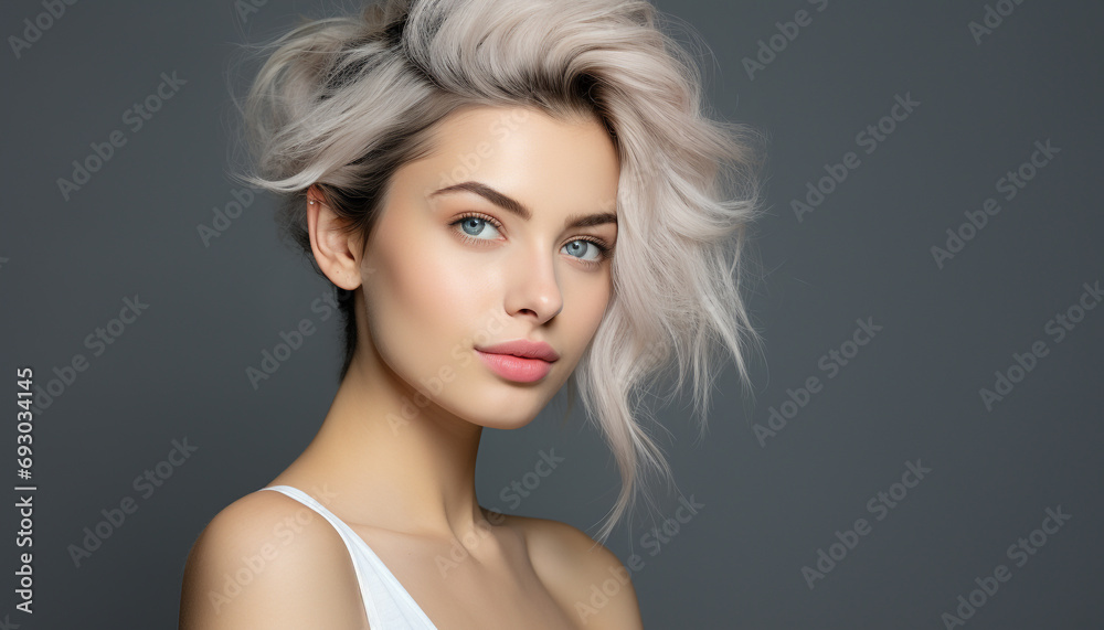 Beautiful blond woman with blue eyes, elegant and smiling generated by AI