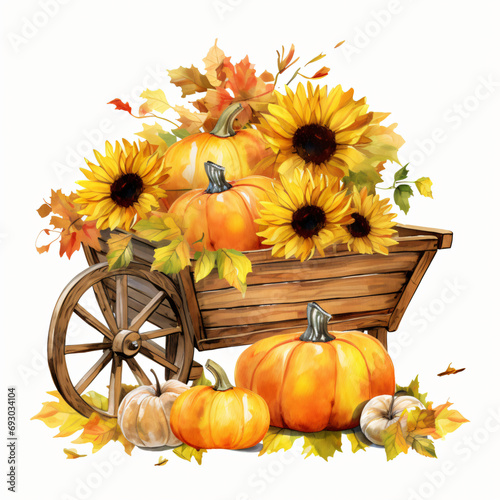 Watercolor pumpkins in the wheelbarrow sunflowers