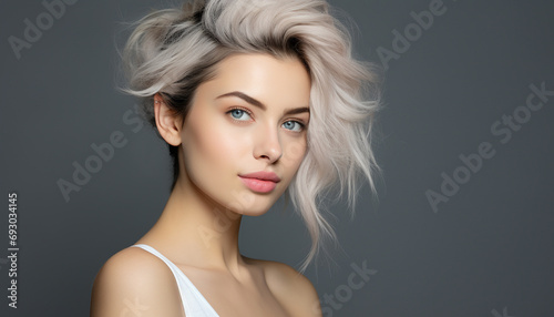 Beautiful blond woman with blue eyes, elegant and smiling generated by AI