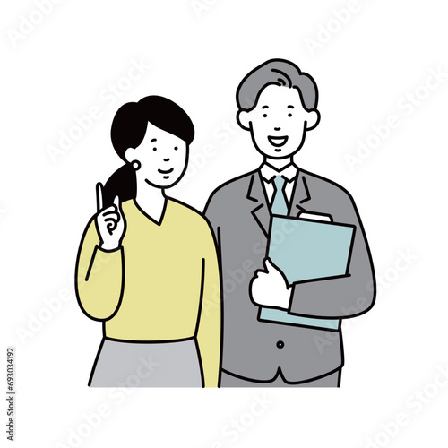笑顔で案内をする男女のビジネスパーソンのイラスト素材