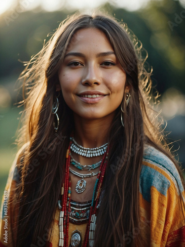 Retrato de mujer joven nativa americana en escena contemporánea vestida con adornos y ropa tradicionales de la cultura india amaericana photo