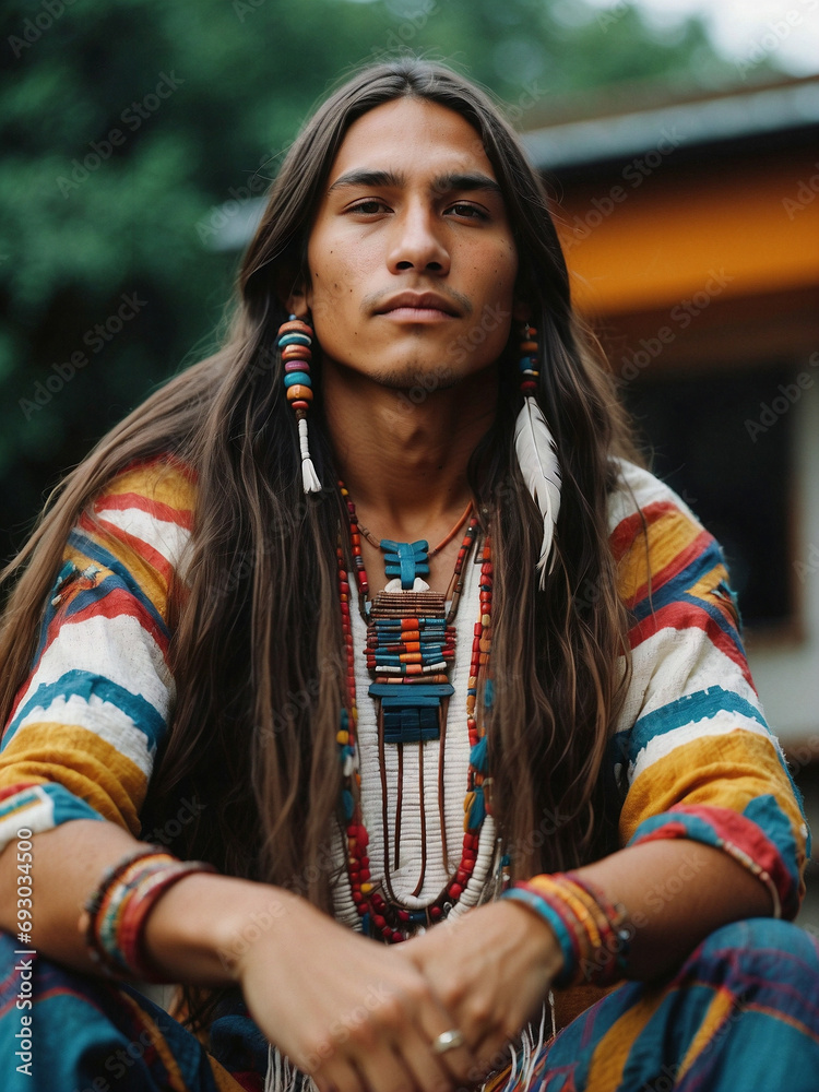 Retrato de hombre joven nativo americano, en escena contemporánea vestido de forma  tradicional  - obrazy, fototapety, plakaty 