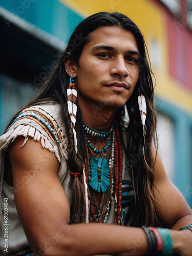 Retrato de hombre joven nativo americano, escena contemporánea. Integración étnica y cultural.