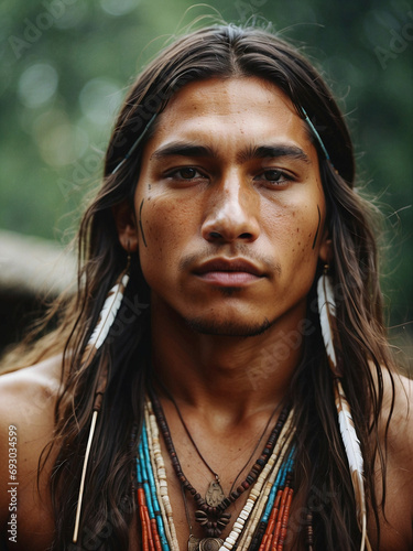 Retrato de hombre joven indio nativo americano  con adornos tradicionales  photo