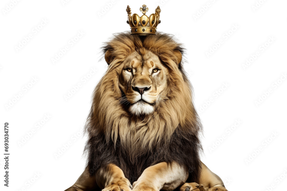 Fototapeta premium The Royal White lion with luxury dress costume. Close up Portrait King lion with throne and crown isolated on transparent png background.