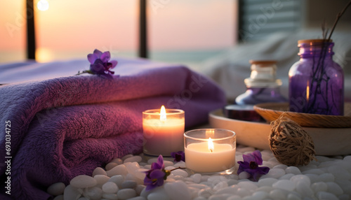 Relaxation in luxury, candlelight flickers, nature tranquility generated by AI