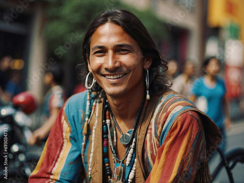 Retrato de hombre joven indio nativo americano, navajo, cherokee, escena contemporánea photo