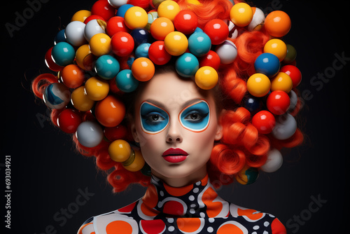Clown lady with colorful balls in hair.