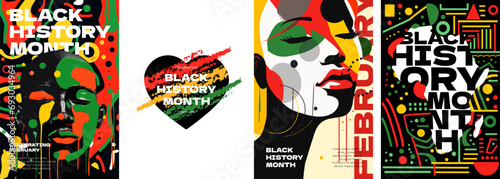 Black History Month abstract graphic poster set. African American civil rights and culture celebrating. Modern art print with person of color. Africa man and woman on afro flag colors pattern. Vector photo