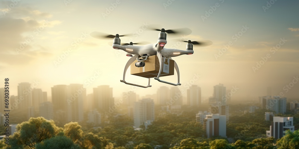 Aerial view of a delivery drone flying over a residential area with a package, showcasing modern delivery technology Aerial view of a delivery drone flying over a residential area with a package, showcasing modern delivery technology