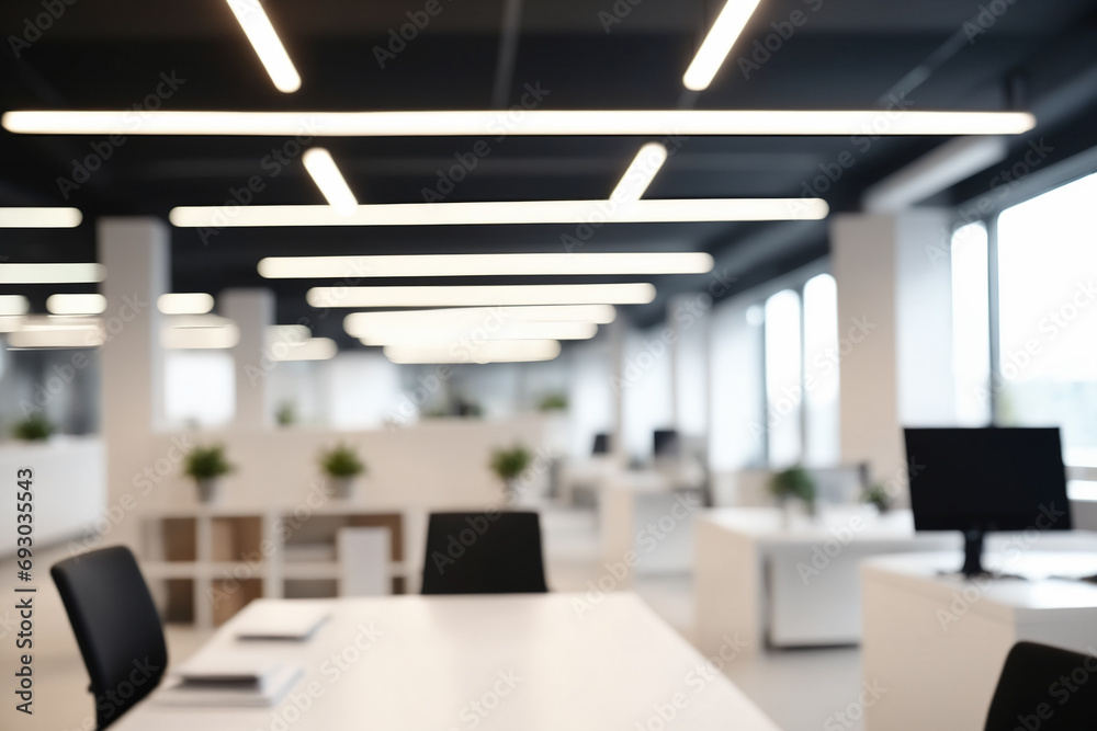 Beautiful blurred background of a light modern office interior with and beautiful lighting in a sunny day